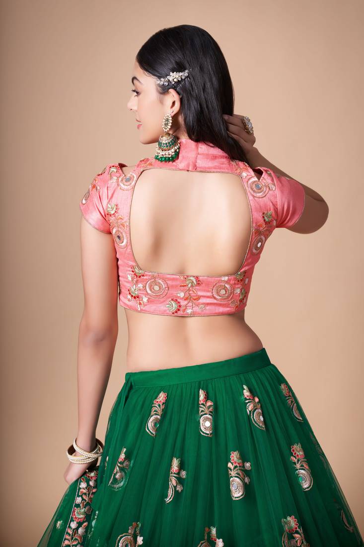 Green Thread Zari Dori And Sequins Embroidered With Mirror Work Soft Net Lehenga Choli For Women