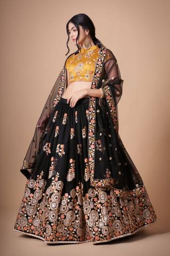 Black Thread Zari Dori And Sequins Embroidered With Mirror Work Soft Net Lehenga Choli For Wedding