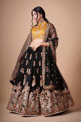 Black Thread Zari Dori And Sequins Embroidered With Mirror Work Soft Net Lehenga Choli For Wedding 1