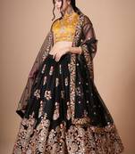 Black Thread Zari Dori And Sequins Embroidered With Mirror Work Soft Net Lehenga Choli For Wedding