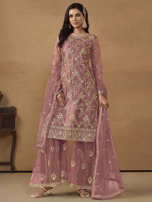 Dusty pink net heavy thread embroidery with sequis work salwar kameez 1