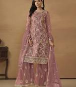 Dusty pink net heavy thread embroidery with sequis work salwar kameez