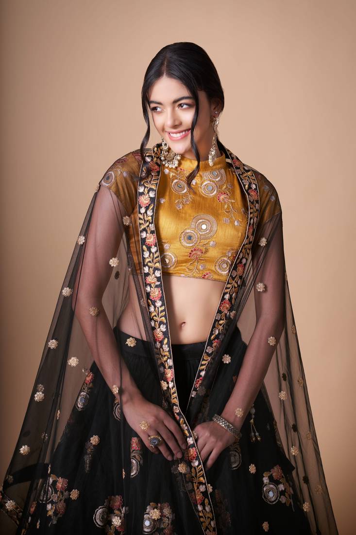 Black Thread Zari Dori And Sequins Embroidered With Mirror Work Soft Net Lehenga Choli For Wedding