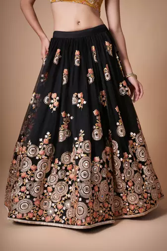 Black Thread Zari Dori And Sequins Embroidered With Mirror Work Soft Net Lehenga Choli For Wedding