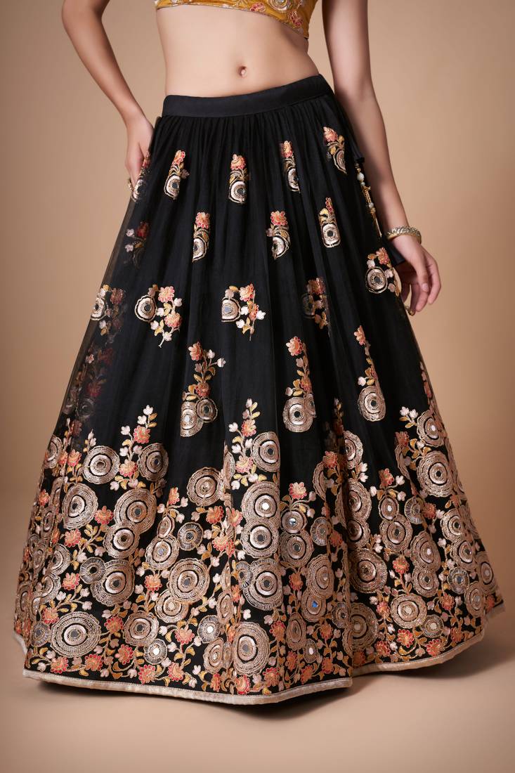 Black Thread Zari Dori And Sequins Embroidered With Mirror Work Soft Net Lehenga Choli For Wedding