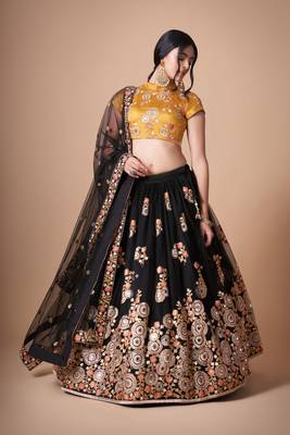 Black Thread Zari Dori And Sequins Embroidered With Mirror Work Soft Net Lehenga Choli For Wedding 4