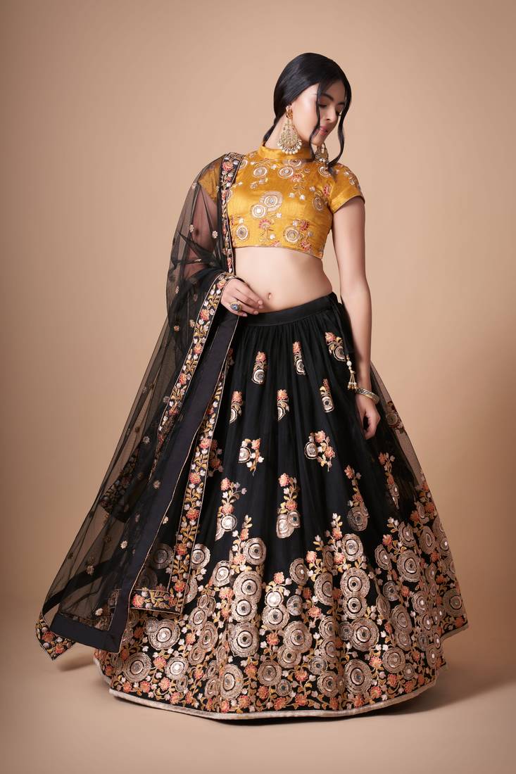 Black Thread Zari Dori And Sequins Embroidered With Mirror Work Soft Net Lehenga Choli For Wedding
