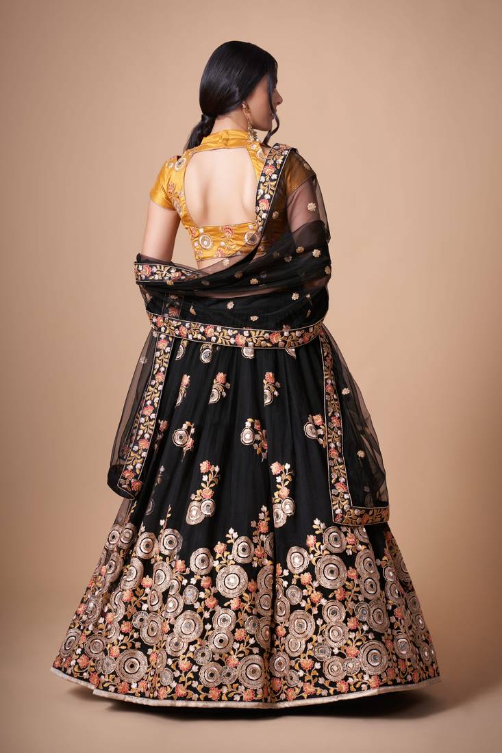 Black Thread Zari Dori And Sequins Embroidered With Mirror Work Soft Net Lehenga Choli For Wedding