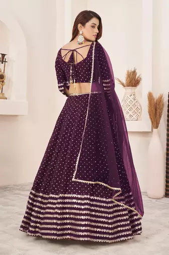 WINE SEQUINS & ZARI EMBROIDERED GEORGETTE DESIGNER BRIDAL WEDDING & PARTY WEAR FESTIVAL SEMI STITCHED LEHENGA