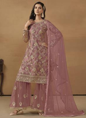Dusty pink net heavy thread embroidery with sequis work salwar kameez 2