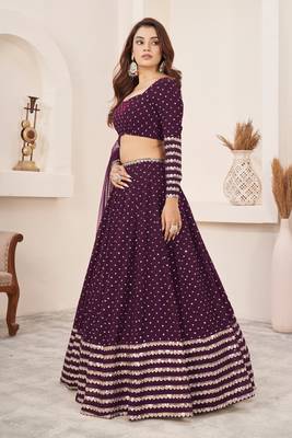 WINE SEQUINS & ZARI EMBROIDERED GEORGETTE DESIGNER BRIDAL WEDDING & PARTY WEAR FESTIVAL SEMI STITCHED LEHENGA 4