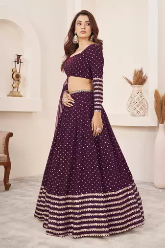 WINE SEQUINS & ZARI EMBROIDERED GEORGETTE DESIGNER BRIDAL WEDDING & PARTY WEAR FESTIVAL SEMI STITCHED LEHENGA