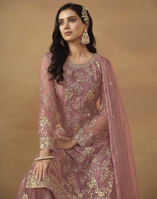 Dusty pink net heavy thread embroidery with sequis work salwar kameez 3
