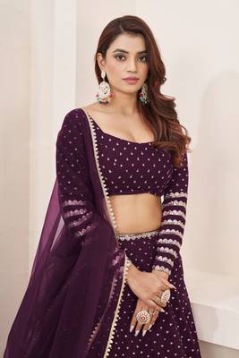 WINE SEQUINS & ZARI EMBROIDERED GEORGETTE DESIGNER BRIDAL WEDDING & PARTY WEAR FESTIVAL SEMI STITCHED LEHENGA 5