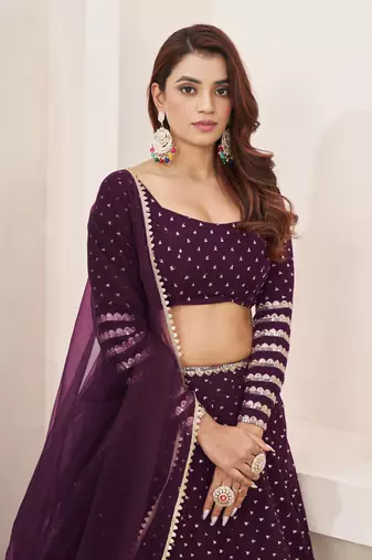 WINE SEQUINS & ZARI EMBROIDERED GEORGETTE DESIGNER BRIDAL WEDDING & PARTY WEAR FESTIVAL SEMI STITCHED LEHENGA
