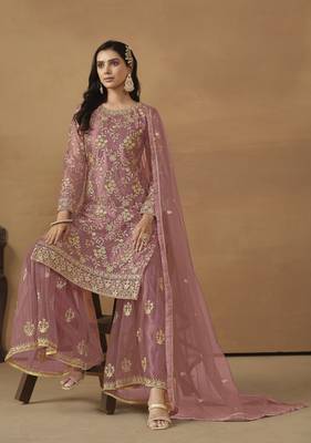 Dusty pink net heavy thread embroidery with sequis work salwar kameez 4