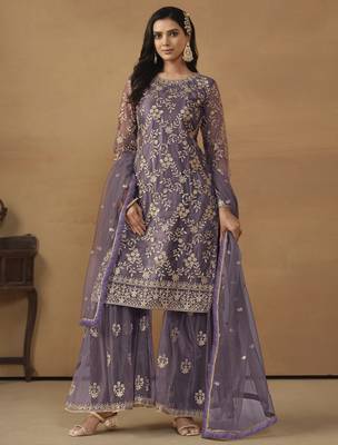 Purple net heavy thread embroidery with sequis work salwar kameez 1