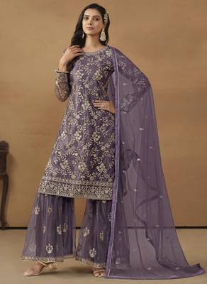 Purple net heavy thread embroidery with sequis work salwar kameez 2