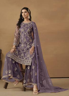 Purple net heavy thread embroidery with sequis work salwar kameez 4