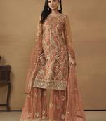 Dark salmon net heavy thread embroidery with sequis work salwar kameez
