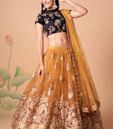  Gold Thread Zari Dori And Sequins Embroidered With Mirror Work Soft Net Lehenga Choli For Bride