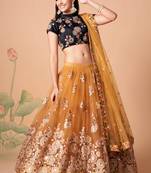  Gold Thread Zari Dori And Sequins Embroidered With Mirror Work Soft Net Lehenga Choli For Bride