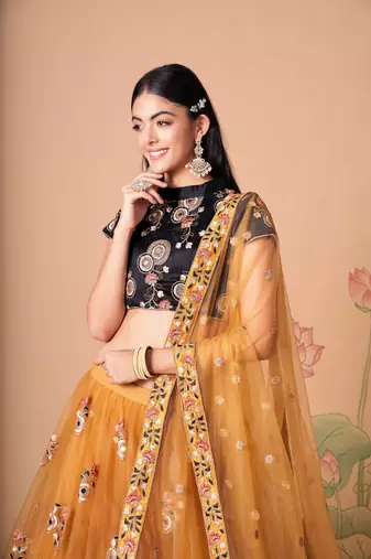  Gold Thread Zari Dori And Sequins Embroidered With Mirror Work Soft Net Lehenga Choli For Bride