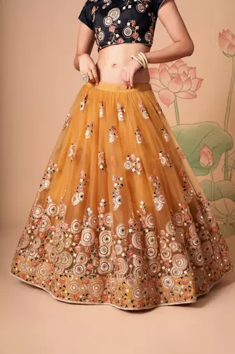  Gold Thread Zari Dori And Sequins Embroidered With Mirror Work Soft Net Lehenga Choli For Bride