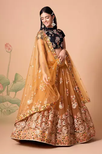  Gold Thread Zari Dori And Sequins Embroidered With Mirror Work Soft Net Lehenga Choli For Bride