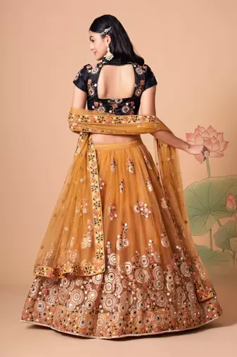  Gold Thread Zari Dori And Sequins Embroidered With Mirror Work Soft Net Lehenga Choli For Bride