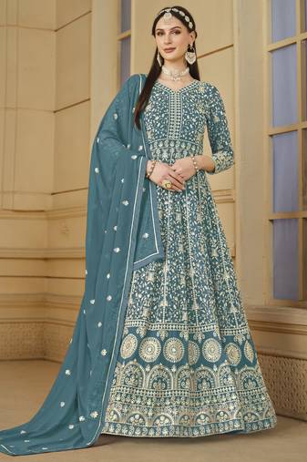 Teal faux georgette heavy thread embroidery with sequis work salwar kameez