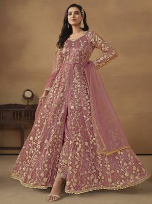 Dusty pink net heavy thread embroidery with sequis work salwar kameez 1