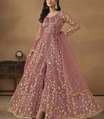 Dusty pink net heavy thread embroidery with sequis work salwar kameez