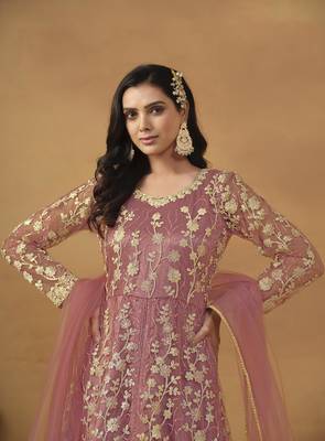 Dusty pink net heavy thread embroidery with sequis work salwar kameez 2