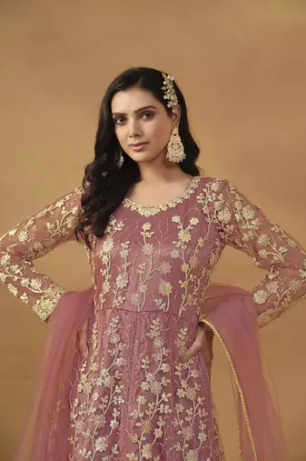 Dusty pink net heavy thread embroidery with sequis work salwar kameez