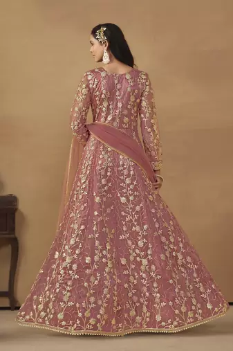 Dusty pink net heavy thread embroidery with sequis work salwar kameez