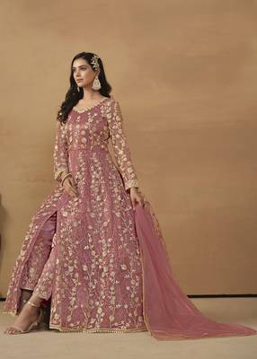 Dusty pink net heavy thread embroidery with sequis work salwar kameez 4