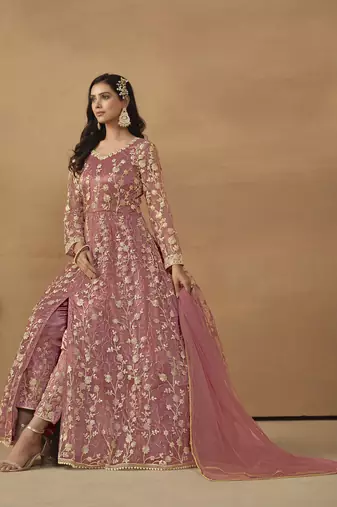 Dusty pink net heavy thread embroidery with sequis work salwar kameez
