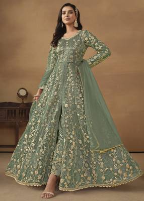 Sage green net heavy thread embroidery with sequis work salwar kameez 1