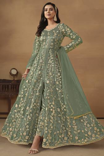 Sage green net heavy thread embroidery with sequis work salwar kameez