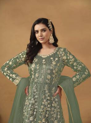 Sage green net heavy thread embroidery with sequis work salwar kameez 2
