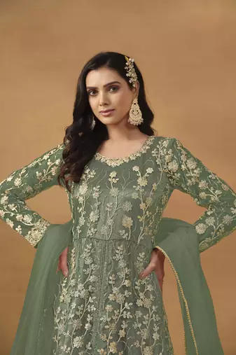 Sage green net heavy thread embroidery with sequis work salwar kameez