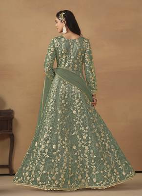 Sage green net heavy thread embroidery with sequis work salwar kameez 3