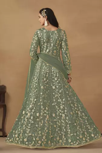 Sage green net heavy thread embroidery with sequis work salwar kameez