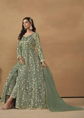 Sage green net heavy thread embroidery with sequis work salwar kameez 4