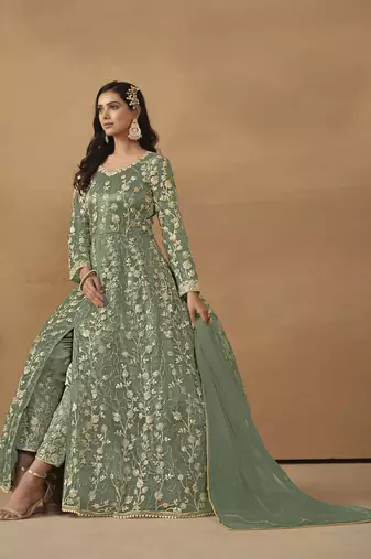 Sage green net heavy thread embroidery with sequis work salwar kameez