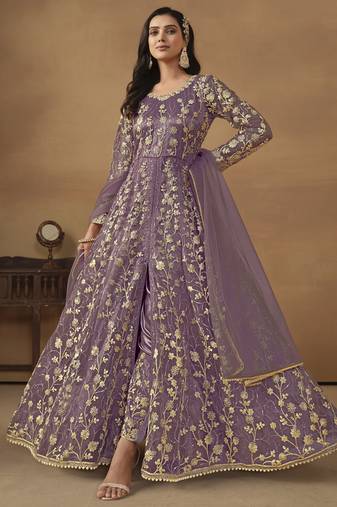Purple net heavy thread embroidery with sequis work salwar kameez
