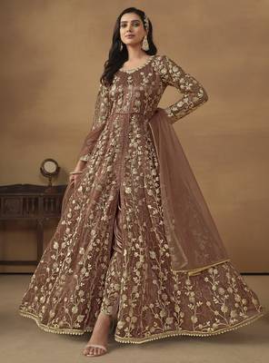 Brown net heavy thread embroidery with sequis work salwar kameez 1