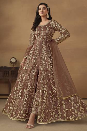 Brown net heavy thread embroidery with sequis work salwar kameez