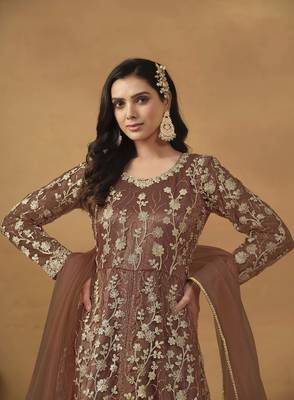 Brown net heavy thread embroidery with sequis work salwar kameez 2